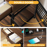 DWVO Dog Crate Furniture with Storage Shelves, Heavy Duty Dog Crate with Drawers & Charging Station, 39 Inch Dog Kennel Indoor Furniture for Large Dogs, Modern Dog Crate with Double Doors, Brown DWVO