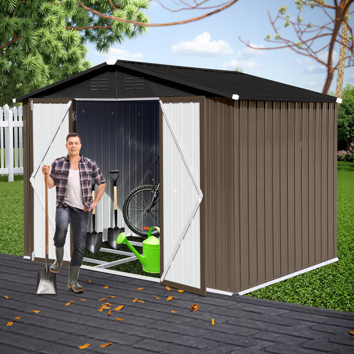 Lyngins 8x6 FT Outdoor Storage Shed, Metal Tool Shed with Lockable Doors, Peaked Roof & Frame Floor, Garden Shed with Vented Design for Backyard Garden Patio Lawn, Brown + Black Lyngins
