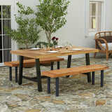Merrick Lane Zuli Solid Acacia Wood Dining Table in a Natural Finish with Black Metal Legs for Indoor and Outdoor Use Merrick Lane
