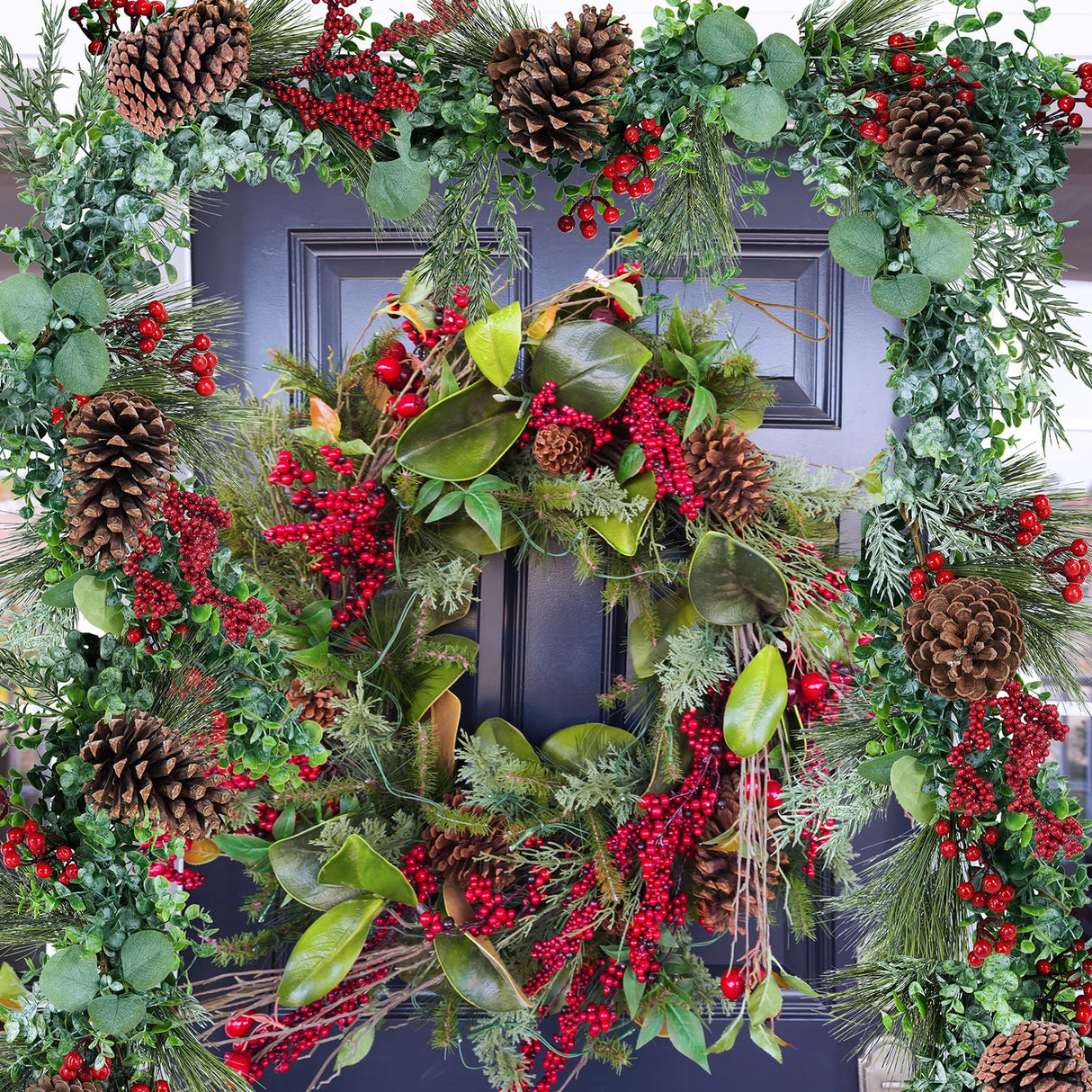 Winlyn 6' Long Artificial Eucalyptus and Pine Christmas Garland with Pine Cones Red Berries Pine Needles Winter Greenery Garland Christmas Season Holiday Wedding Table Runner Centerpiece Mantel Decor Winlyn