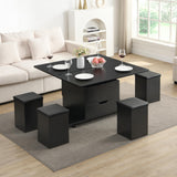 Christopher Knight Home Lucid Wooden Lift Top Coffee Table with Hidden Storage and 4 Stools, Center Table for Living Room with Compartment/Drawer, Multifunctional Table with Casters, Black Christopher Knight Home