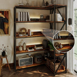 5 Tier Bookshelves with LED Plant Grow Lights, Convertible Corner Bookshelf with Baffles, 70" Tall Industrial Bookcase, Display Shelf, Wood Shelves with Metal Frame for Living Room Bedroom Home Office CHIESMA