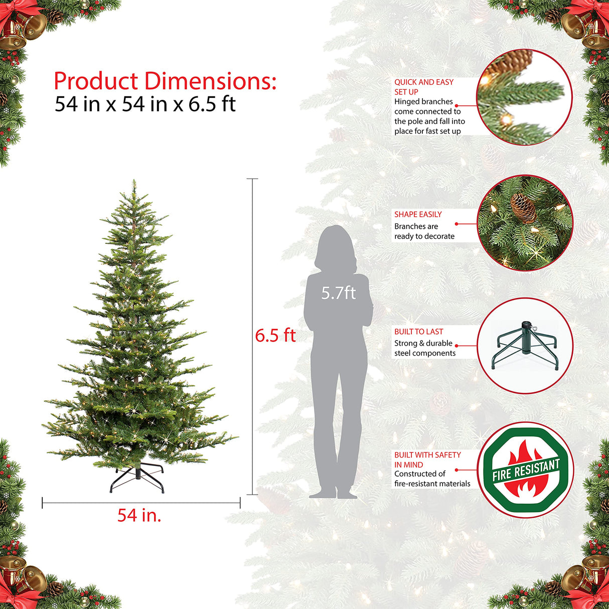 Puleo International 6.5 Foot Pre-Lit Aspen Fir Artificial Christmas Tree with 500 UL Listed Clear Lights, Green Puleo International