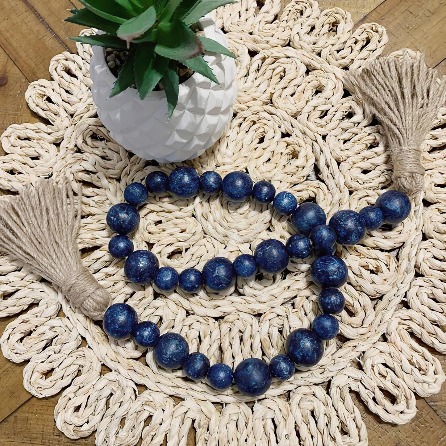 Handcrafted Farmhouse Wooden Decorative Beads Garland, Table Tray Boho Wood Beads with Tassel, Small Rustic Antique Decor for Home and Events (32" Rustic Blue)