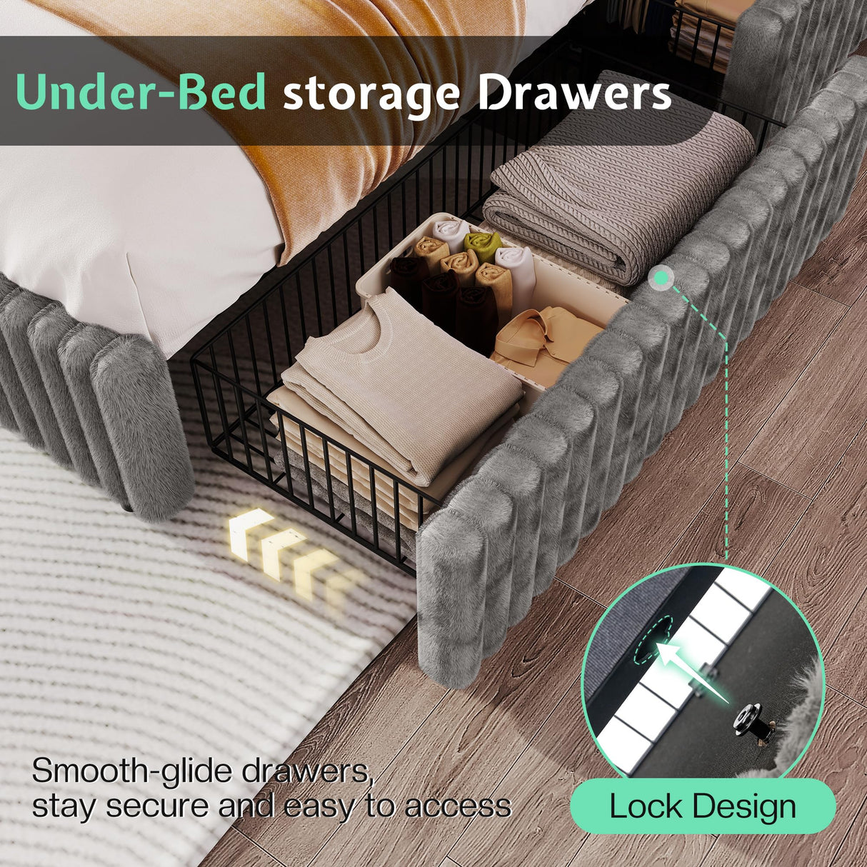 Jocisland King Size Storage Bed Frame with 51.2" Tall Upholstered Headboard, Built-in 6 Drawers & Bookcase, USB Ports & RGB LED Lights, No Box Spring Needed,Grey Jocisland