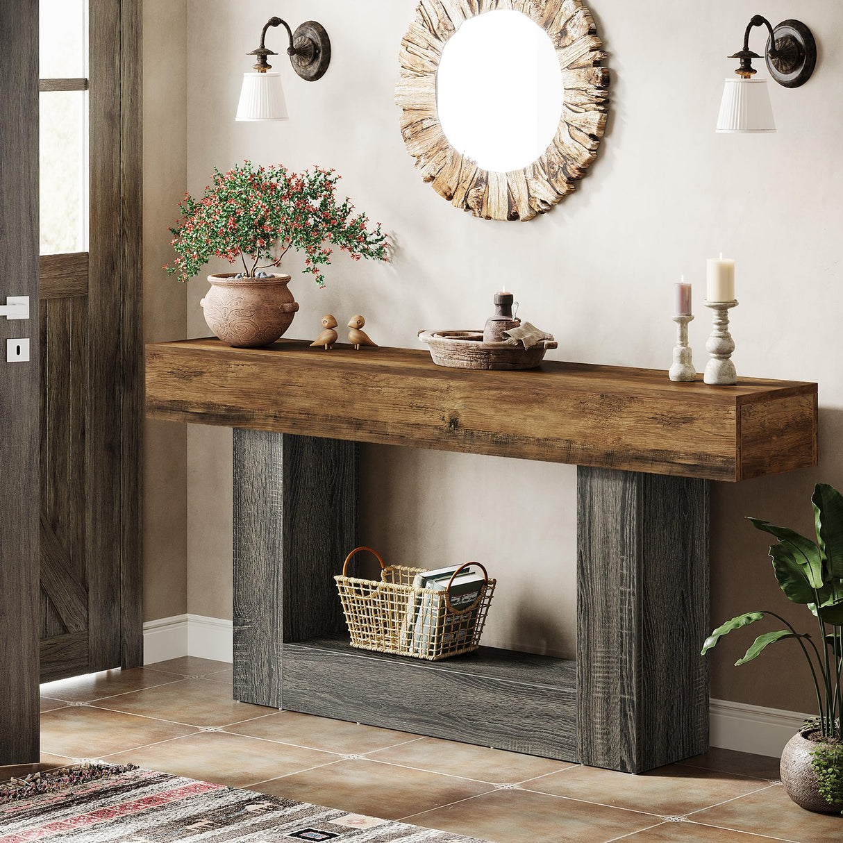 Tribesigns 63" Console Table, Farmhouse 2-Tier Entryway Table with U-Shaped Base, Narrow Long Wood Sofa Table Behind Couch Table for Living Room, Hallway, Foyer, Vintage Brown & Gray Tribesigns