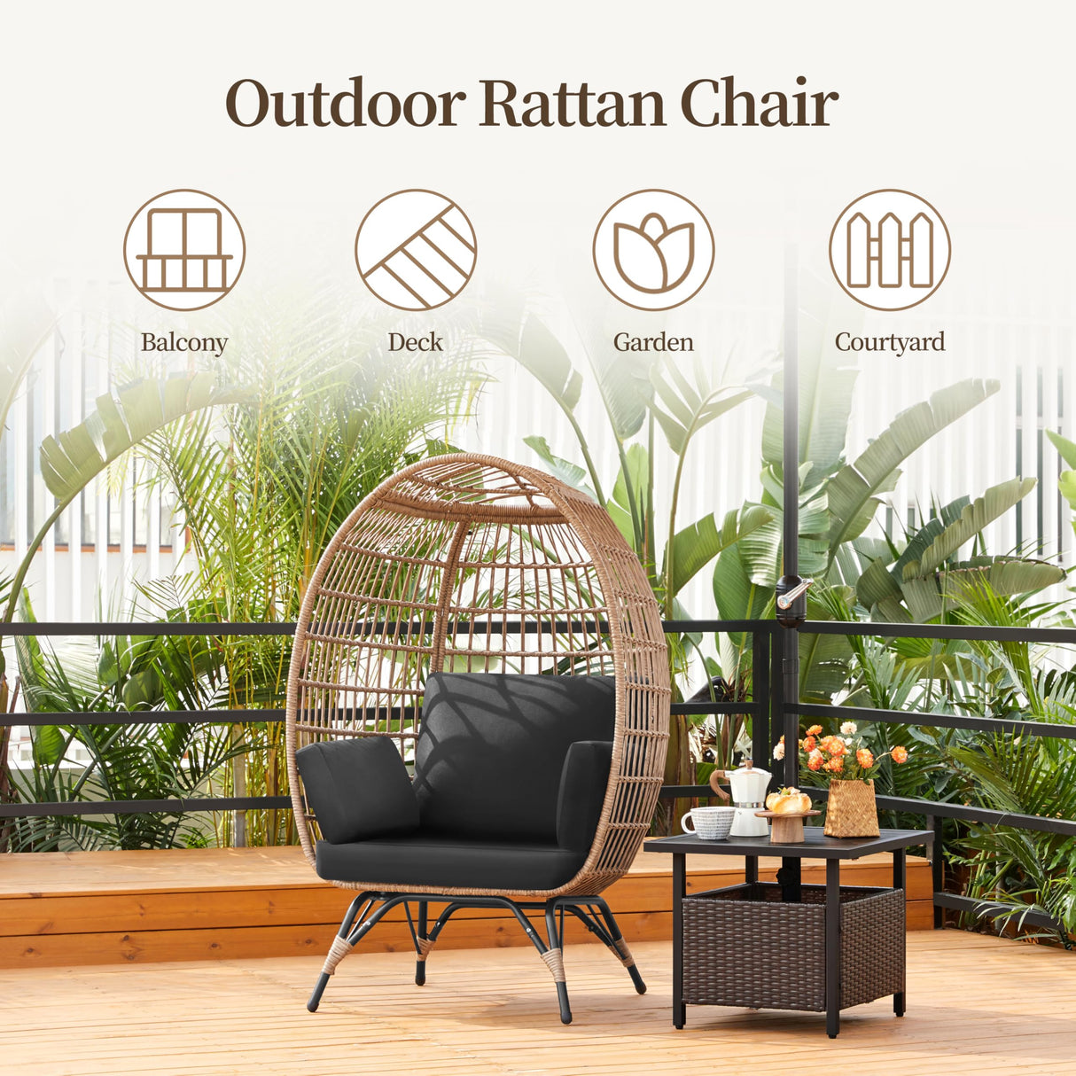 Yaheetech Egg Rattan Chair, Indoor/Outdoor PE Rattan Egg Basket Lounge Chair w/ 4 Cushions, Oversized Egg-Shaped Chair w/Metal Frame Stand for Patio, Backyard, Living Room - Light Brown/Black Yaheetech