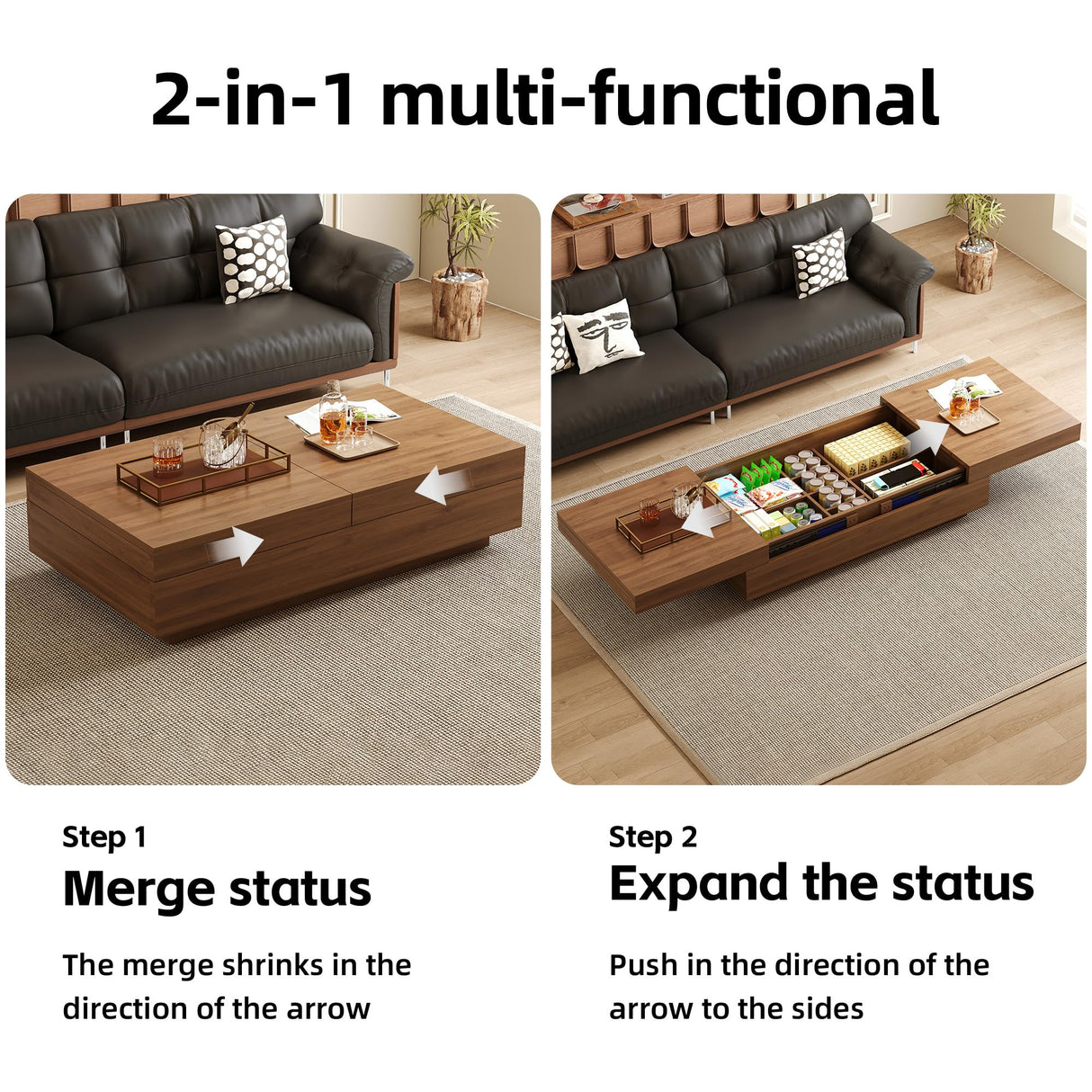 Mid-Century Modern Expandable Coffee Table, 47.2"-81.8" Adjustable Walnut Center Table with Large Hidden Storage for Living Room NessCarsti