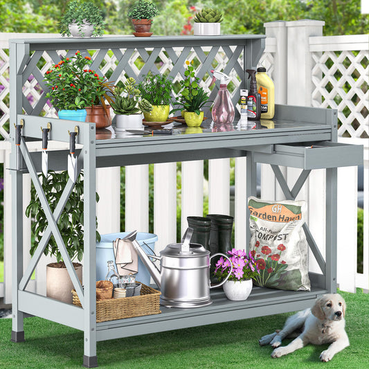 YITAHOME Outdoor Garden Workstation Table with Drawer, Potting Bench Table w/Exposed Rack, Hanger, PVC Water-Resistant Mat, Grey