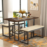 VECELO 43.3" Dining Table Sets, Farmhouse Small Kitchen Table for 4 with 3 Benches Wicker Mats,Metal Frame Space-Saving Adjustable Feets Coffee Table for Home Kitchen Dining, Dark Brown VECELO