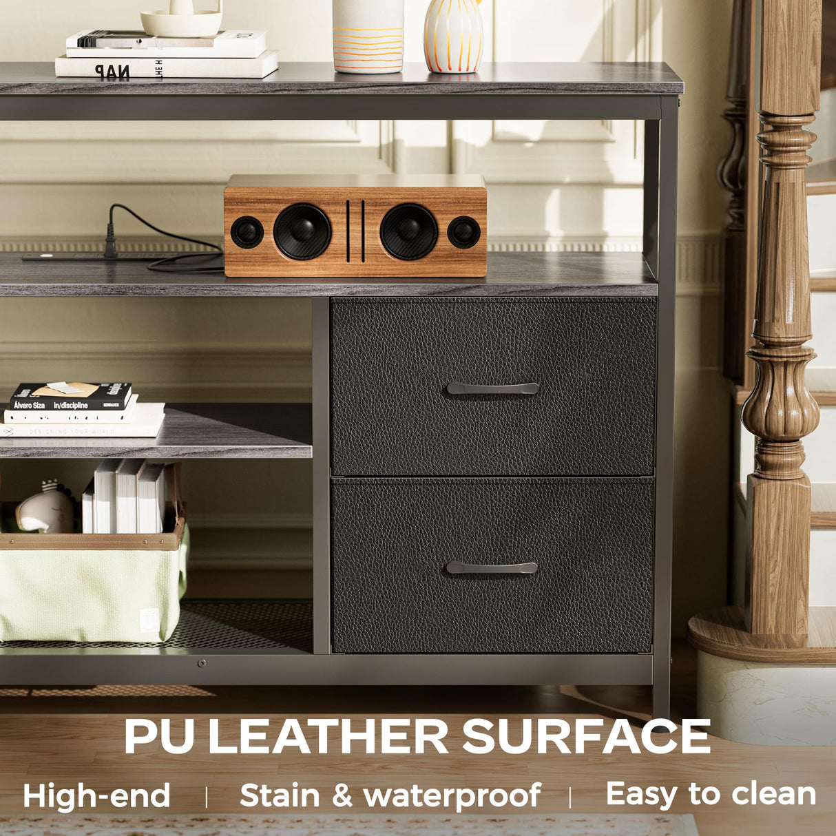 Huuger TV Stand Dresser with Power Outlets and LED Lights, 4 Drawers Entertainment Center with Shelves, 54in Media Console for 55 60 Inch TV, Dresser with PU Finish, Grey and Black Huuger