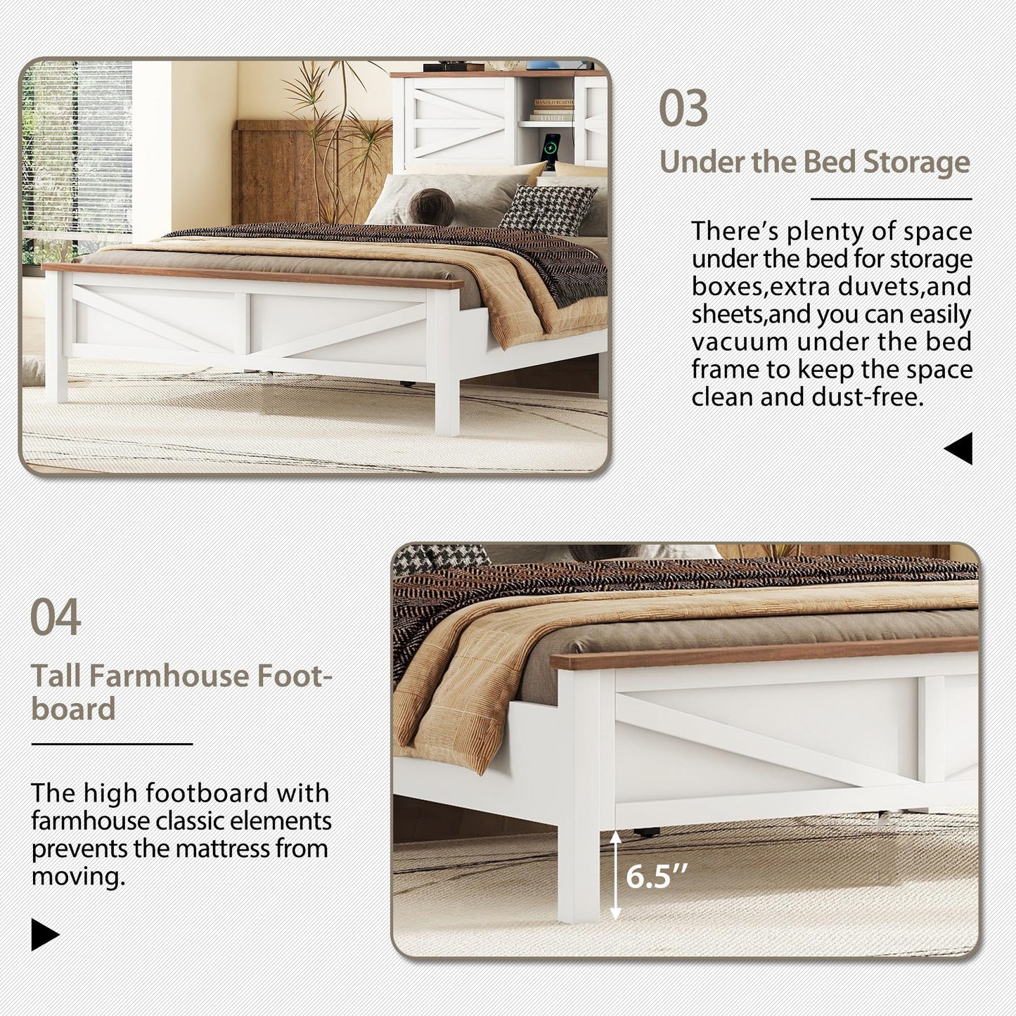 SOFTSEA 3 Piece Queen Bedroom Furniture Set with Platform Bed, Nightstand, and Dresser in White and Brown - WoodArtSupply