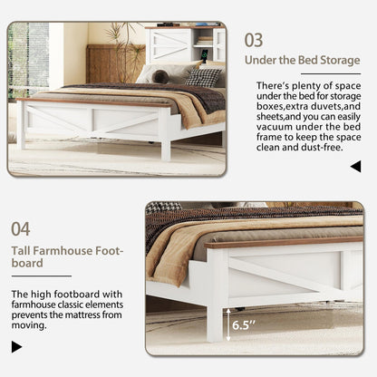 SOFTSEA 3 Piece Queen Bedroom Furniture Set with Platform Bed, Nightstand, and Dresser in White and Brown - WoodArtSupply