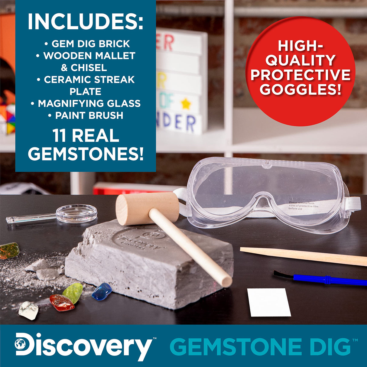 Discovery Kids Gemstone Dig Stem Science Kit by Horizon Group Usa, Excavate, Dig & Reveal 11 Real Gemstones, Includes Goggles, Excavation Tools, Streak Plate, Magnifying Glass & More Discovery Kids