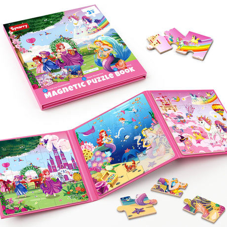 SYNARRY Unicorn Mermaid Princess Magnetic Puzzles for Toddlers 3-5 Girls, 20 Pieces Travel Puzzles for Kids Ages 4-6, Car Airplane Road Trip Activities Toys for 3 4 5 6 Year Old Girls Birthday Gifts SYNARRY