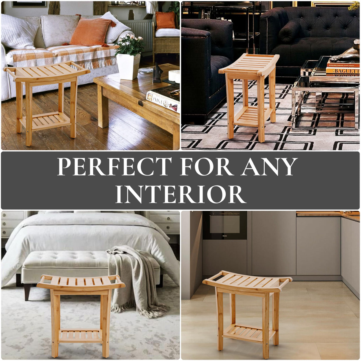 Bamboo Shower Bench with Handles and Shelf – Waterproof Stool for Inside Shower, Bathroom Foot Rest, Shaving Seat, Bamboo Shower Chair for Adults Teak shower bench