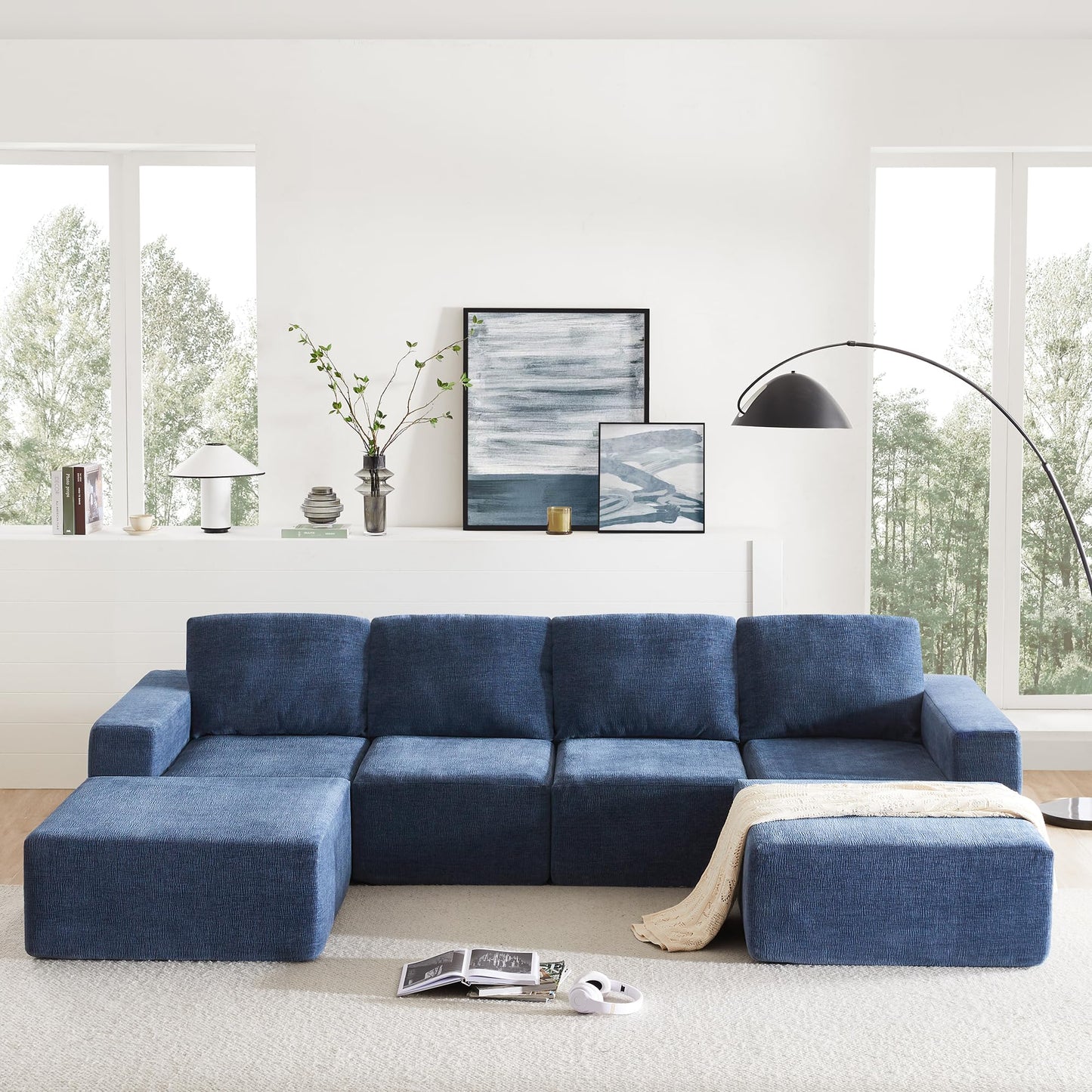 Merax 110”Oversized Sectional Sofa with Removable Ottomans, Navy 6 Seat U Shaped Sleeper Cloud Couch Set, Living Room Reversible Upholstered Sofabed for Apartment, No Assembly Required, Blue