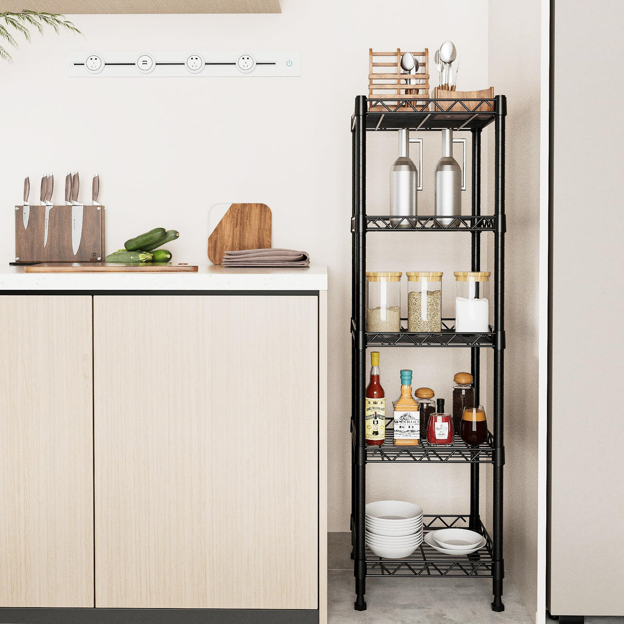 GIOTORENT 5 Tier Standing Shelving Metal Units, Adjustable Height Wire Shelf Display Rack for Laundry Bathroom Kitchen 11.8 W x 11.8 D x 50 H (5-Tier, Black) GIOTORENT