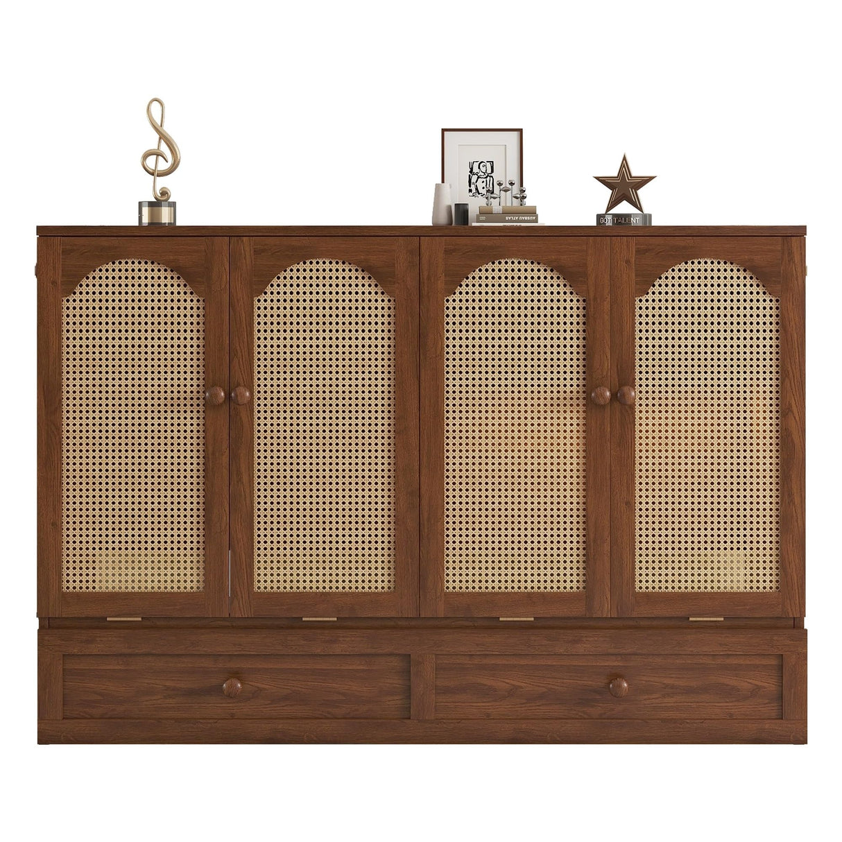 DNChuan Queen Size Murphy Cabinet Bed with Storage Drawer and Charging Station, Foldable Dresser Platform Bed with Oval Rattan Decoration Panel, Space Saving, Walnut DNChuan