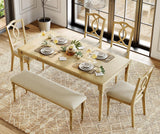 WAMPAT 6 Piece Dining Table Set, Wooden Rectangular Table for 6-8, 4 Dining Chairs with Cross-Back, Upholstered Bench with Rubber Wood Legs, Kitchen Table with Chairs for Dining Room, Oak WAMPAT