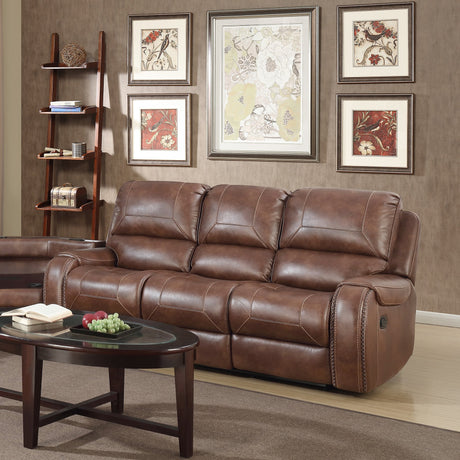 Roundhill Furniture Achern Leather Air Nail head Manual Reclining Sofa with Storage Console, Brown Roundhill Furniture