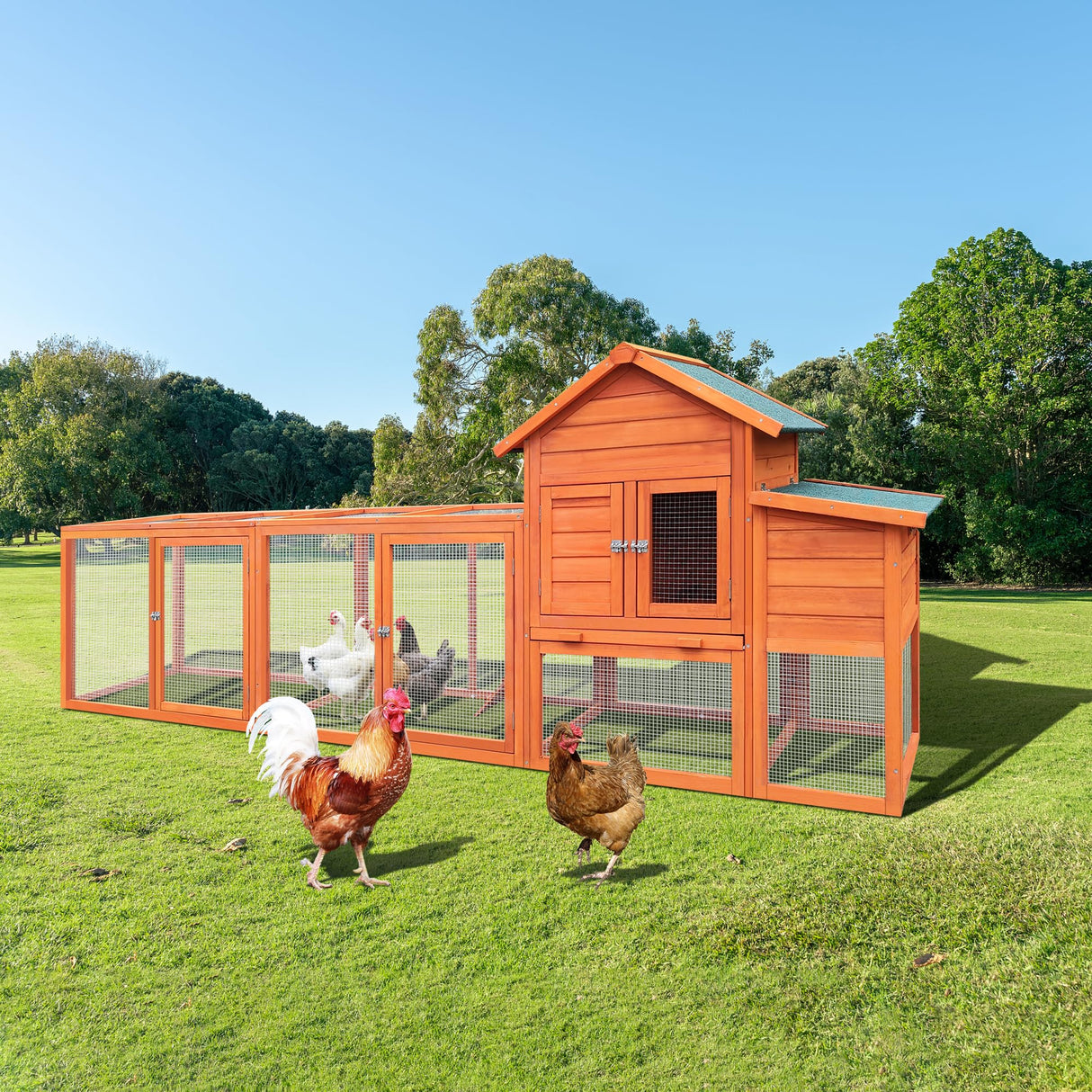 YOPTO 122" Large Chicken Coop with Run,Outdoor Chicken Run W/Nesting Box & Perch,Wooden Hen House W/Ramp & Sliding Trays,Waterproof Poultry Cage W/Sloped Asphalt Roof,for 3-4 Chickens,Natural YOPTO