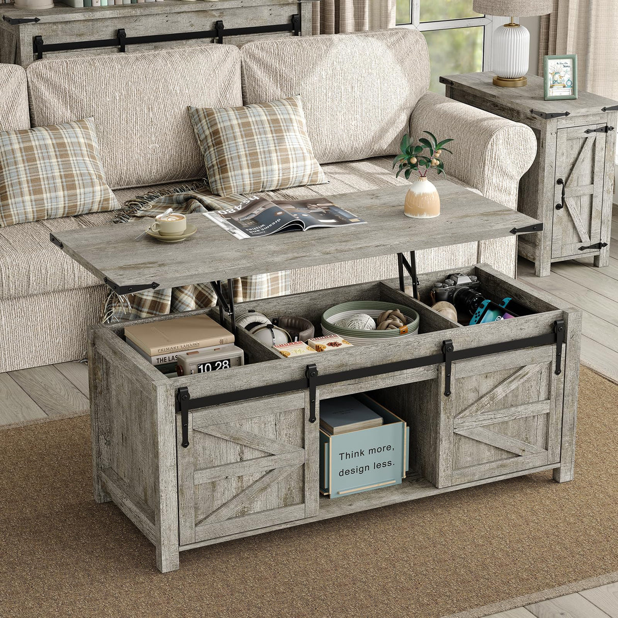 Furnihold Lift Top Coffee Table, 47.3'' Farmhouse Coffee Table with Large Hidden Storage Compartment & Sliding Barn Doors, Wood Modern Rectangle Table for Home, Office, Rustic Grey Furnihold