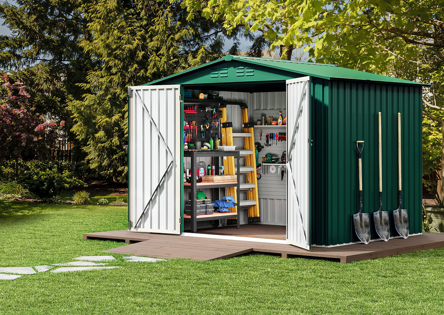 DWVO 8x6 FT Outdoor Storage Shed, Large Metal Tool Sheds, Heavy Duty Storage House with Lockable Doors & Air Vent for Backyard Patio Lawn to Store Bikes, Tools, Lawnmowers, Green