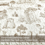 Drucon Khaki Quilt Set King Size, Toile Farmhouse Bedspreads, 3 Pieces Rustic Village Landscape Printed Coverlet, Soft Microfiber Quilt Bedding Set for All Season (106x90 Inch) Drucon