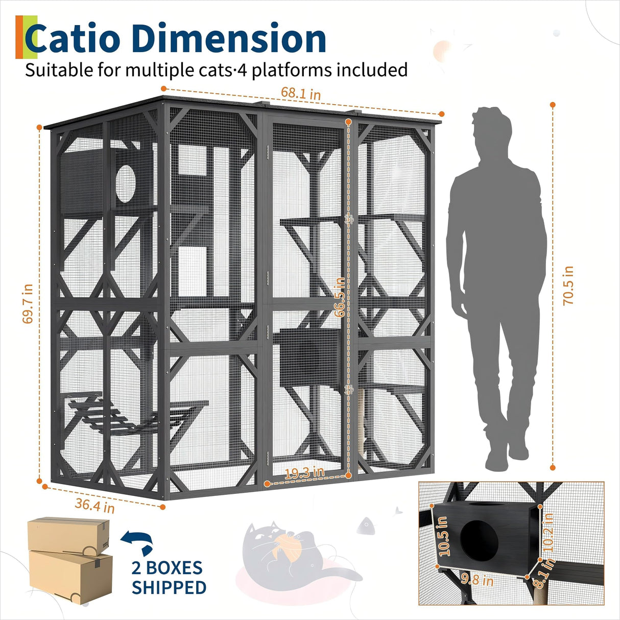70'' Walk-in Catio with Window Access, Extra Large Outdoor Cat Enclosure for Multiple Cats, Waterproof Roof Cattery with Bridge and Scratching Post Outside Patio Cat Playpen Grey GarveeLife