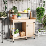 Outsunny Potting Bench Table with Sink, Outdoor Work Bench Table with Storage Cabinet, Hooks, Removable Sink, Faucet and Drawer for Greenhouse, Garden, Patio, Natural Wood Outsunny