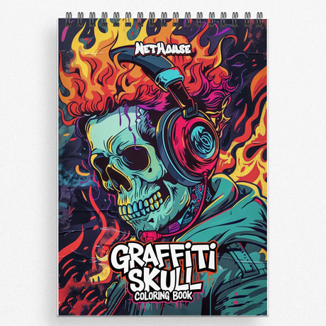 NETHOUSE Graffiti Skull Spiral Coloring Book for Adults Relaxation & Stress Relief, 30 Coloring Pages of Bold Skull Designs, Urban Graffiti Art, Dark, Creepy, Horror Illustrations, Street Art Styles NETHOUSE