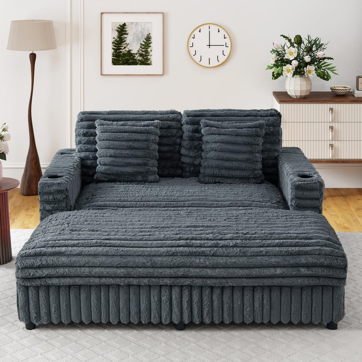 RARZOE 64'' Oversized Chaise Lounge Chair Indoor, Plush Faux Rabbit Fur Sleeper Sofa Bed with 4 Pillows, Charging Station & Cup Holders, Fluffy Comfy Cloud Couch Loveseat Sofa for Living Room,Grey RARZOE