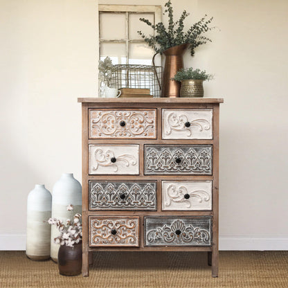 LuxenHome Rustic Carved Wood 8-Drawer Chest, Accent Handmade-Dressers, Distressed End Table with Metal Handle, Nightstand for Living Room, Bedroom, Hallway, 26 inch, White/Gray - WoodArtSupply