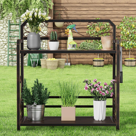 EHONXI Potting Bench, Outdoor Potting Table with 4 Side Hooks, All-Weather Gardening Table Work Station, Outside Garden Workbench, 505lbs Capacity, 18" D x 39" W x 44" H, Distressed Vintage Black EHONXI