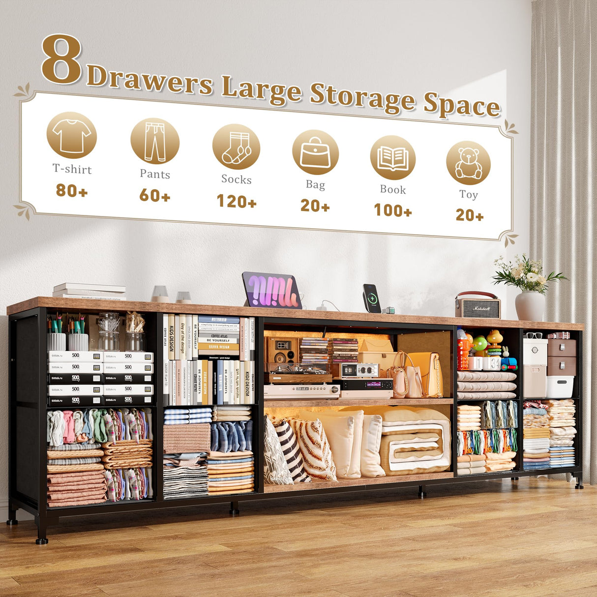 EnHomee 62.3" W Dresser for Bedroom,75" TV Stand Dresser with Charging Station and LED Lights,Entertainment Center with 8 Drawers Dresser,Long Fabric Dresser for Bedroom,Entry Way,Rustic Brown EnHomee