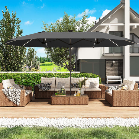 GDPFN 15ft Large Patio Umbrella with Solar Lights, Outdoor Double-Side Rectangular Umbrella, Backyard Pool Umbrella with LED Light for Deck, Outside, Market, Dark Gray (Base Not Include) GDPFN