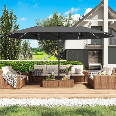 GDPFN 15ft Large Patio Umbrella with Solar Lights, Outdoor Double-Side Rectangular Umbrella, Backyard Pool Umbrella with LED Light for Deck, Outside, Market, Dark Gray (Base Not Include)
