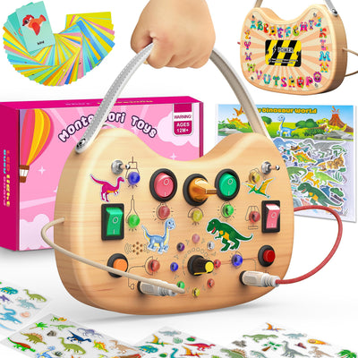 flycoost Montessori Toddler Busy Board, Wooden Busy Board with 17 LED Lights, Travel Toys for Toddlers 1-3 Years, Light Switch Toys, Toddler Sensory Boards, Toys for 1 Year Old Girls