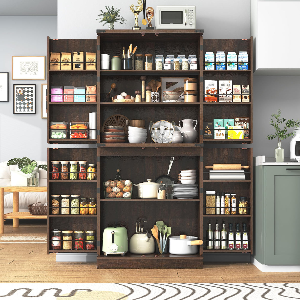 Hlivelood Farmhouse Kitchen Pantry Cabinet, 71" Tall Storage Cabinet with Adjustable Shelves & 4 Barn Doors & Drawer, Rustic Wood Cupboard for Kitchen, Dining Room, Living Room, Brown Hlivelood