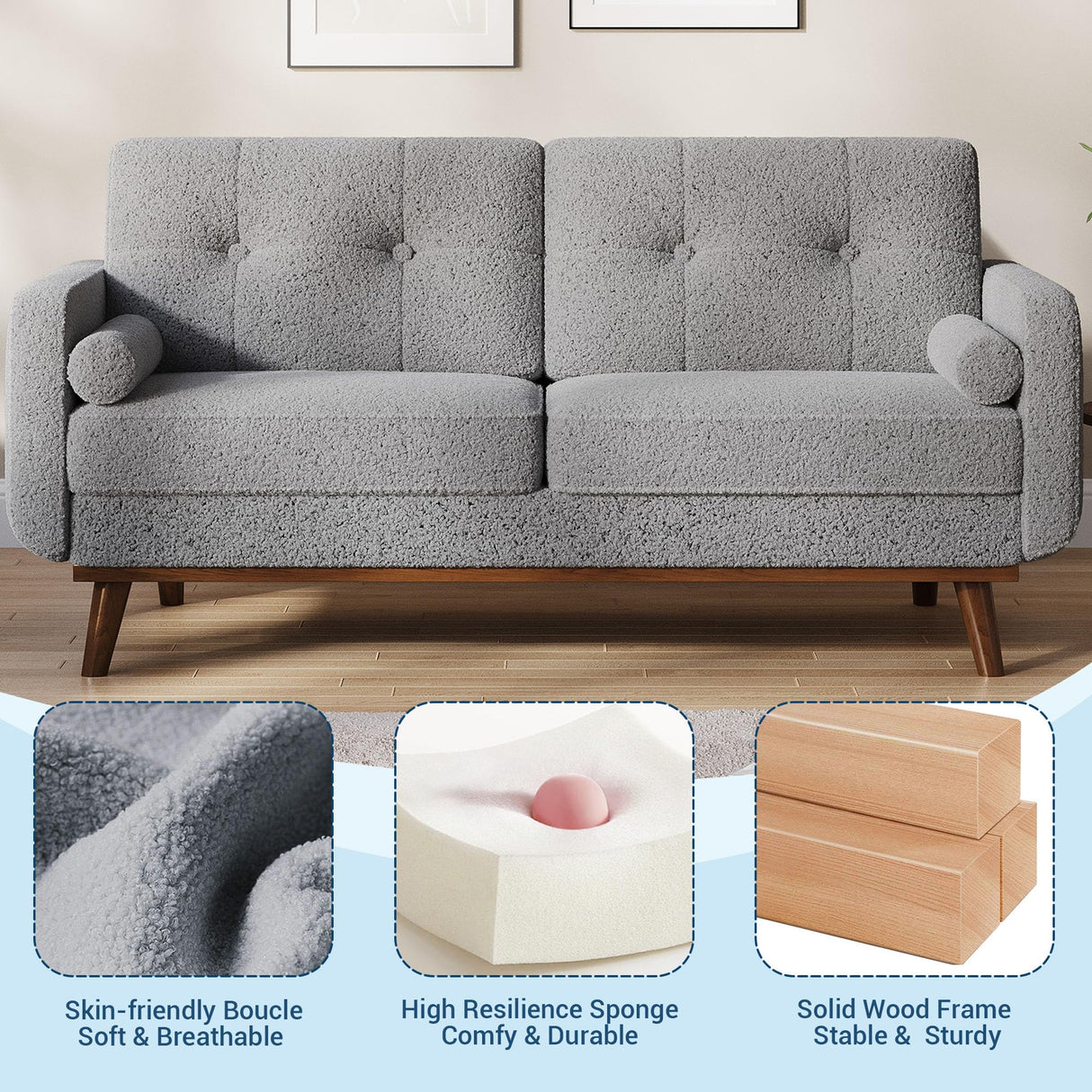 GarveeHome 65 in Loveseat Sofa, Mid Century Modern Couch Comfy Love Seat Couches for Living Room, 2 Seater Deep Seat Couch Teddy Fleece Boucle Upholstered Couches for Bedroom Office Small Space, Grey GarveeHome