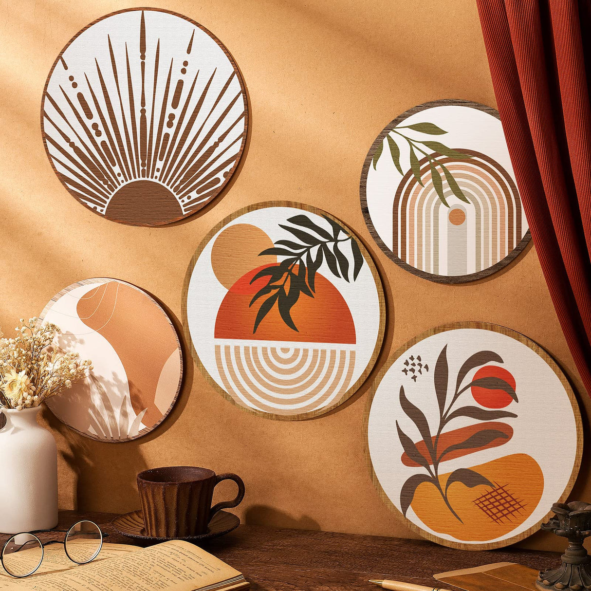 Qunclay 5 Pcs Wall Art Decor Wooden Living Room Wall Decor Bohemian Hanging Farmhouse Geometric 10'' and 8'' Aesthetic Wood Minimalist Posters for Bedroom(Boho) Qunclay