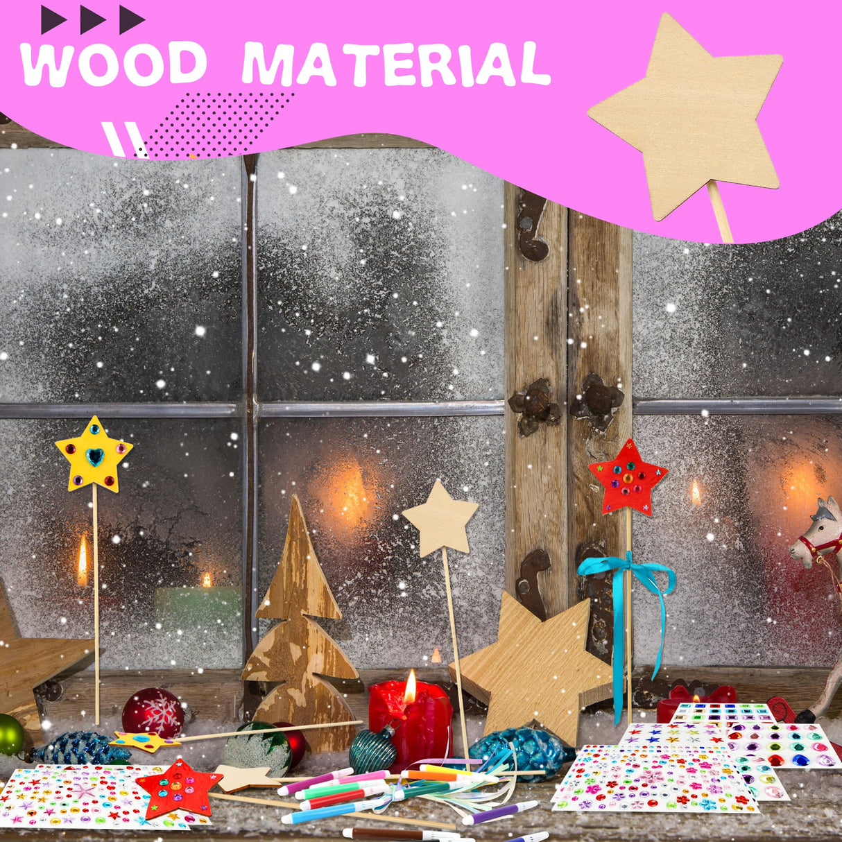 72 Pcs Unfinished Star Princess Fairy Wands Kit Make Your Own Princess Wand DIY Art Craft Magical Wand Include 24 Star Wooden Fairy Wands 12 Gem Stickers 24 Ribbons 12 Markers for Kids Party Supplies Feradny
