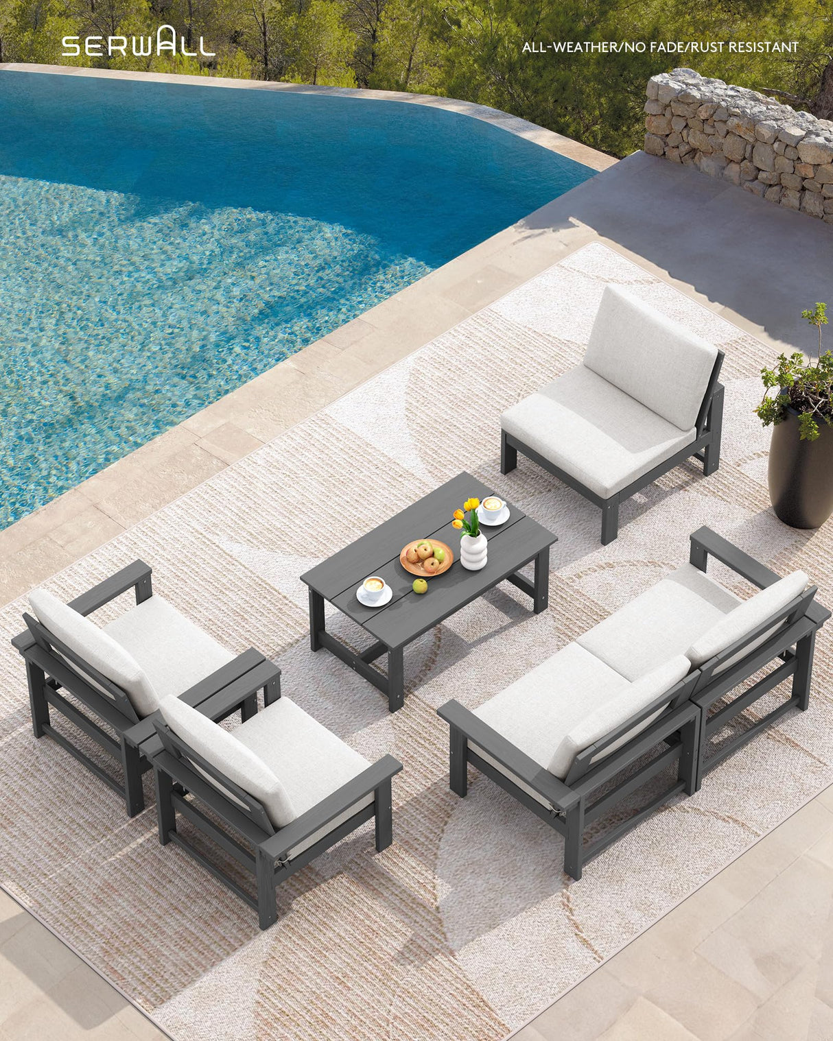SERWALL HDPE Patio Conversation Set, 6-Piece Sectional Outdoor Furniture Set, All Weather Outdoor Couch Set Patio Furniture Set for Deck, Lawn, Grey Frame with Khaki Cushion SERWALL