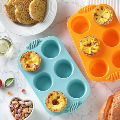 2PCS Silicone Muffin Cupcake Pan Molds, Ohola 6-Cavity Nonstick Silicone Muffin Pans for baking, Perfect for Cupcakes, Muffin, Brownies and More, BPA Free, 2 Pack (Orange and Peacock Blue)