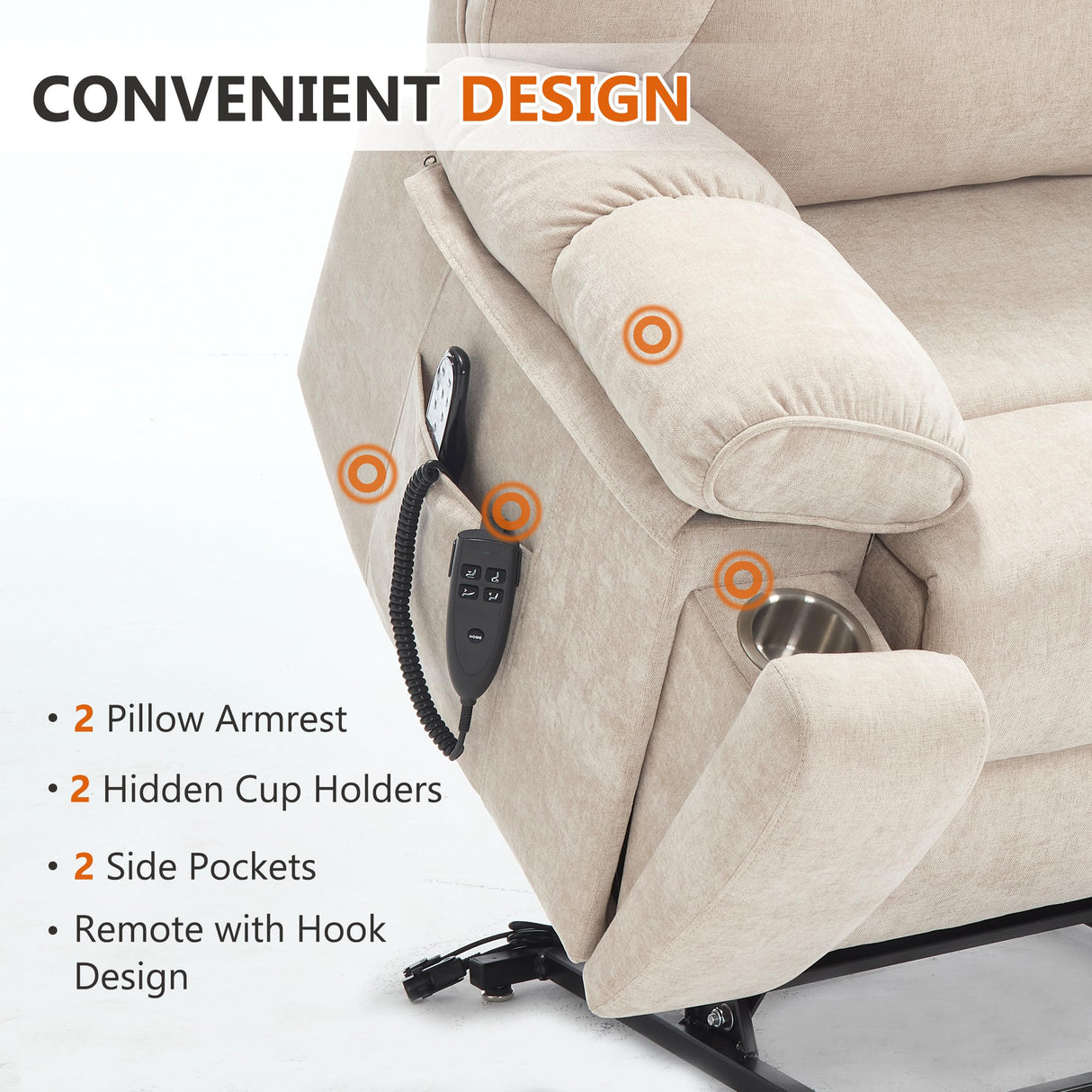 Dual Motor Power Lift Chair for Elderly with Vibration Massage and Lumbar Heating for Living Room, Electric Lay Flat Recliner with Cup Holders Remote Controls, Medium-Firm Chenille Fabric, Beige EZZUP