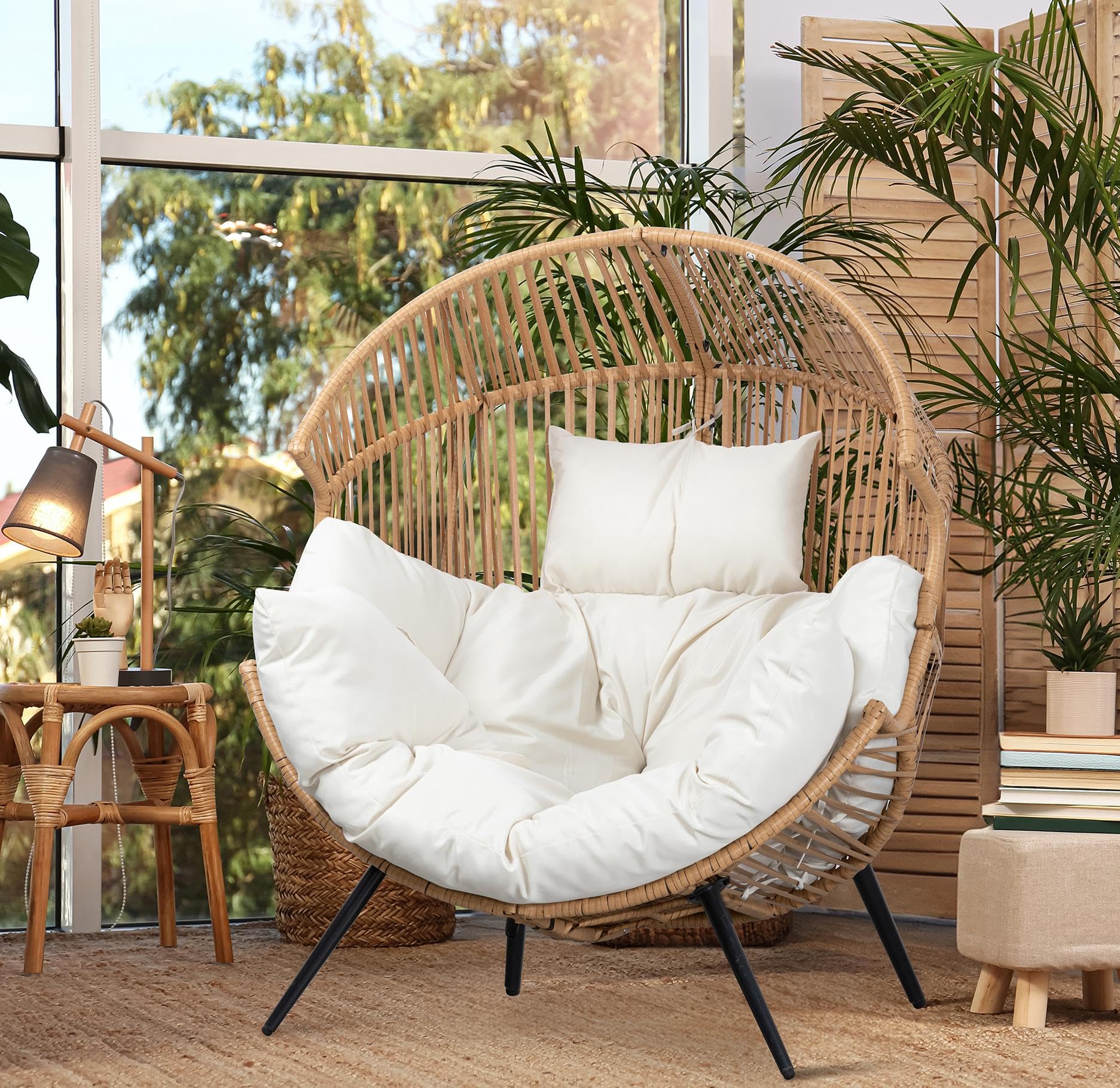 JAMFLY Egg Chair Outdoor Wicker Patio Chair, Oversized Lounger Chair with Cushion Egg Basket Chair for Indoor Living Room Bedroom Outside Patio Backyard Balcony - WoodArtSupply