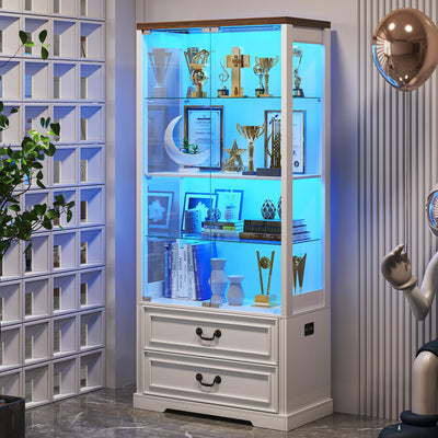 FREDEES Display Cabinet with Glass Doors,67" Adjustable Display Shelf with 2 Drawers and 4 Tier Curio Cabinet,Tall Bookcase with 3 Color Lights and Human Body Sensor for Toys,Books（White）