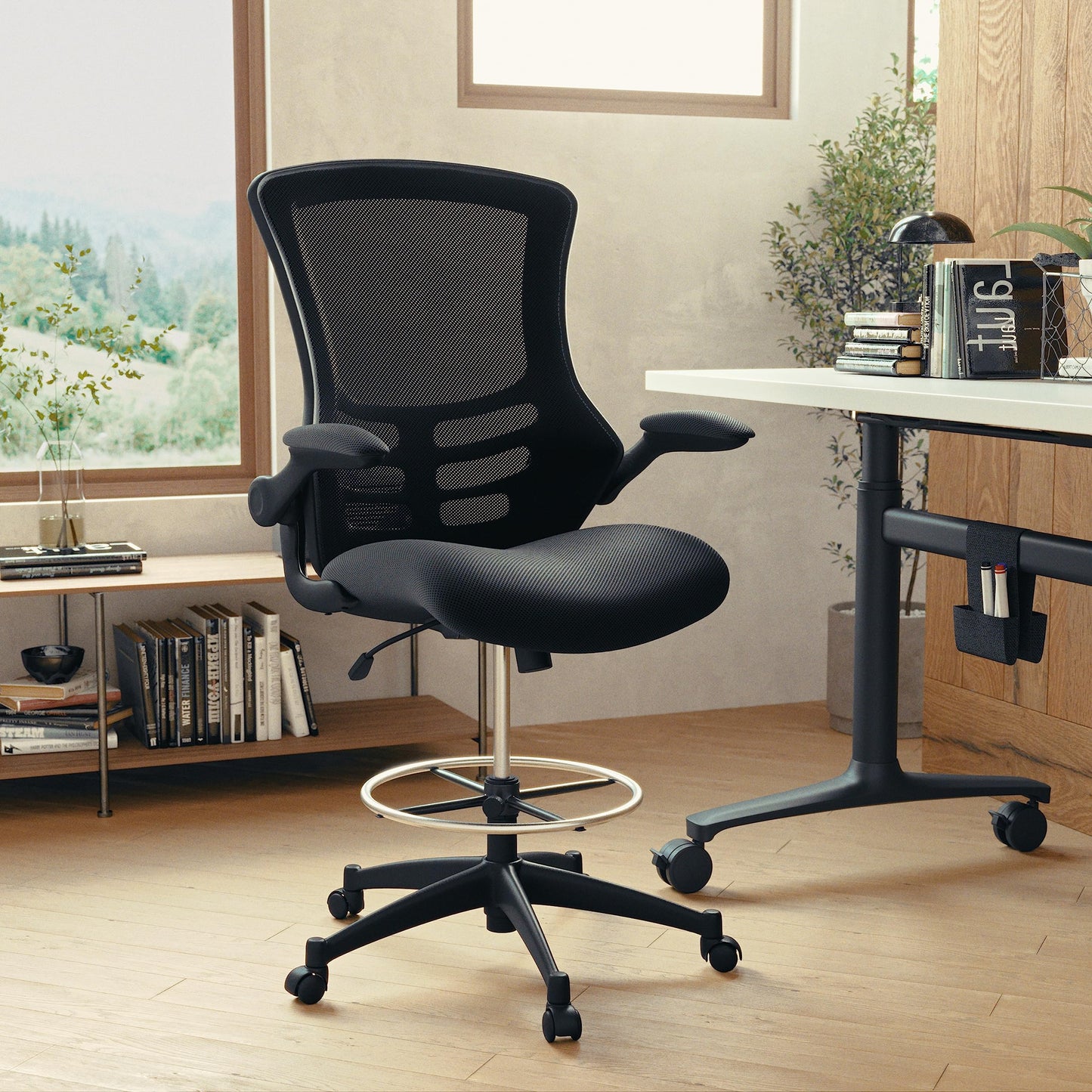 Flash Furniture Kelista Mid-Back Swivel Office Chair with Adjustable Seat Height, Ergonomic Mesh Desk Chair with Flip-Up Armrests, Black - WoodArtSupply