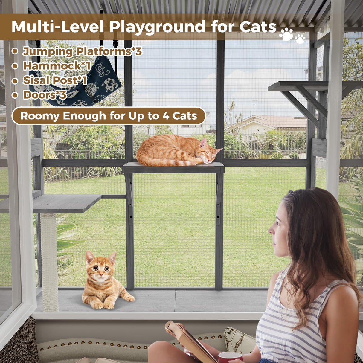 KEIKI 77" H Cat House Outdoor Catio for Cats, Weatherproof Large Walk-in Window-Mounted Cat Enclosure with 3 Access Doors, Multi-Level Cat Playhouse, Secure Outdoor Cat House, Gray KEIKI